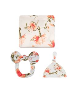 Simple product - Baby Insular - 3pcs Swaddle Set - Wrap + Baby Cap + Hair Band - Pink Floral